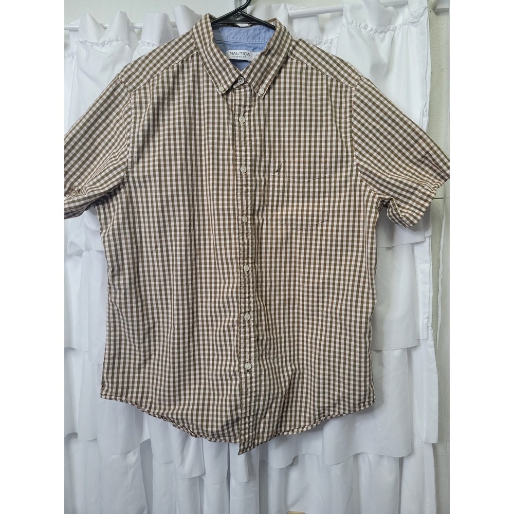 Nautica Mens Classic Fit Short Sleeve Gingham Button Down  Brown White L 1325